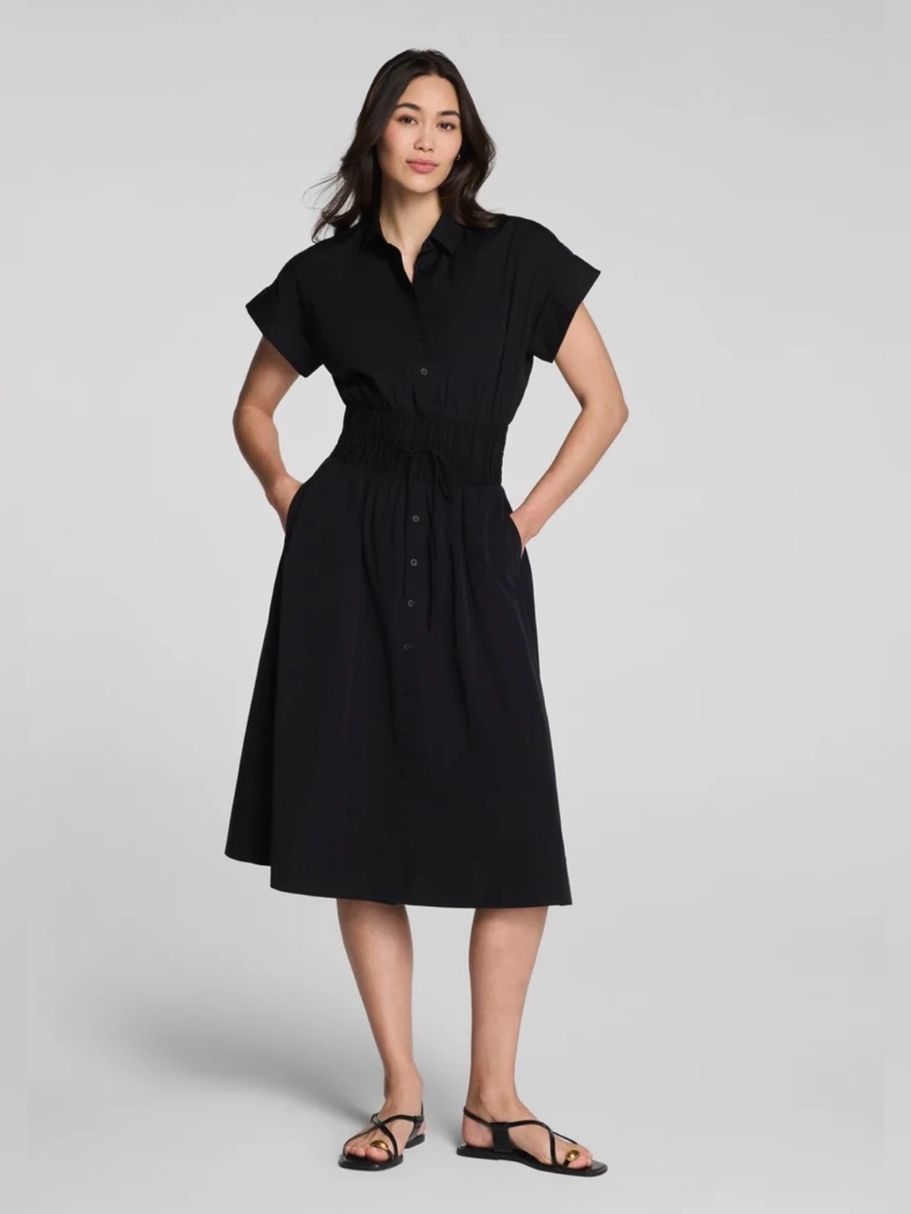 SPANX Poplin Smocked Midi Shirt Dress Supima Cotton Collar Button Sz Medium